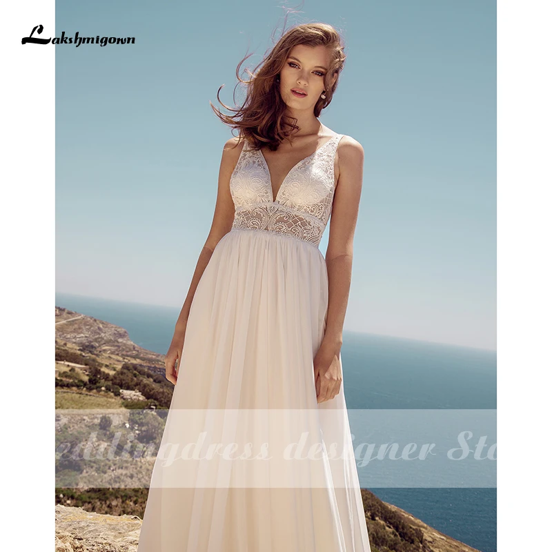 Lakshmigown Bohemian Wedding Dress 2021 Robe De Mariee Sexy V Neck Lace Beach Wedding Dresses Plus Size Chiffon Bridal Gown