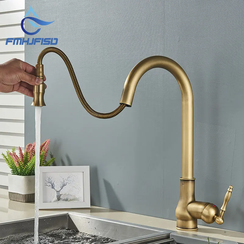 Antique Brass Kitchen Faucet Pull Out Spout Kitchen Faucet Deck Mounted Pull Out Hot Cold Mixer Crane Tap 360 Degree Rotation