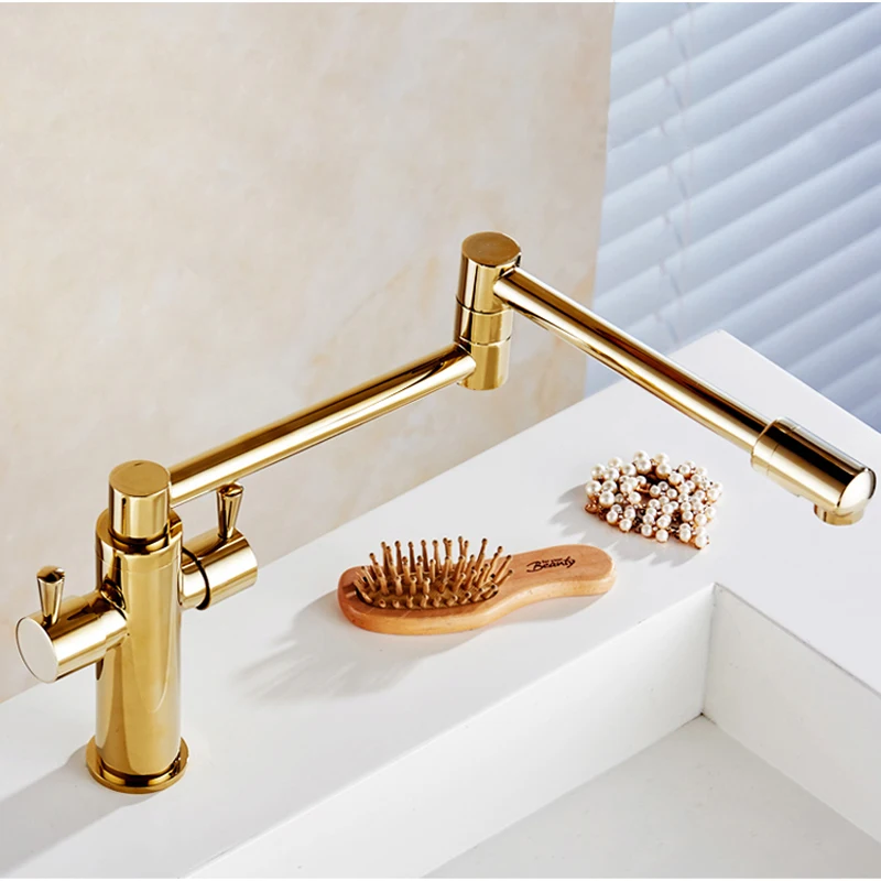 Luxurious Brass Golden Kitchen Sink Faucet Mixer Two Handle Foldable Rotating Gold Basin Cold Hot Water Tap G1122