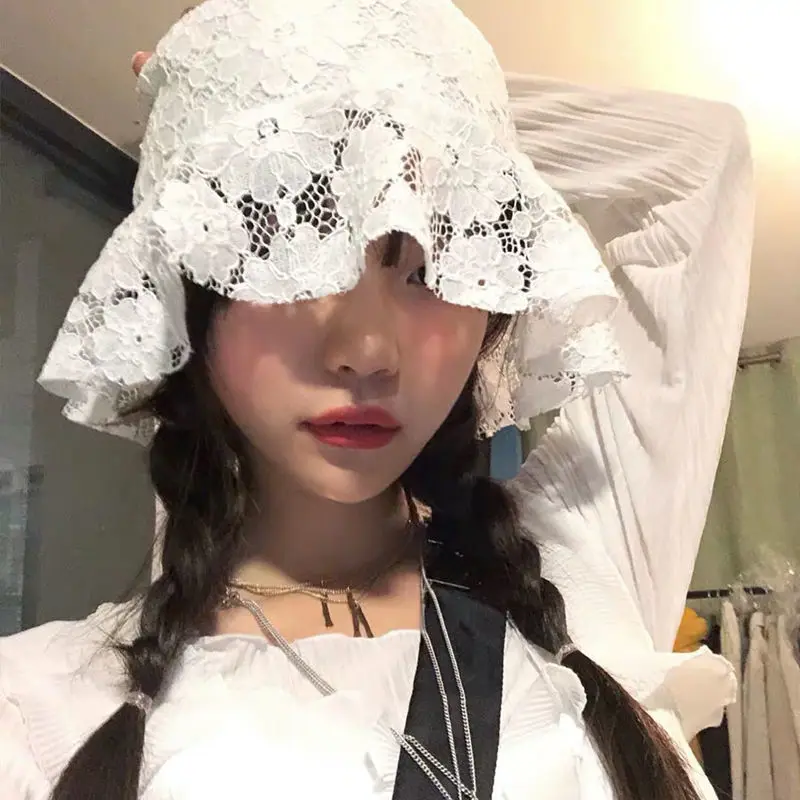 Hats Women Lace Floral Design Hollow Out Transparent Leisure Sweet Girl Lady Bucket Cap Female Summer Holiday Ulzzang Newest Ins
