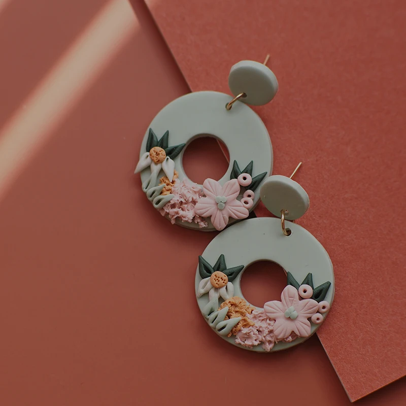 Handmade Beige Pink Polymer Clay Earring Sets with Detailed Flowers Multi Colors Hoop Pendant Dangle Women\'s Jewelry Gift for Pa