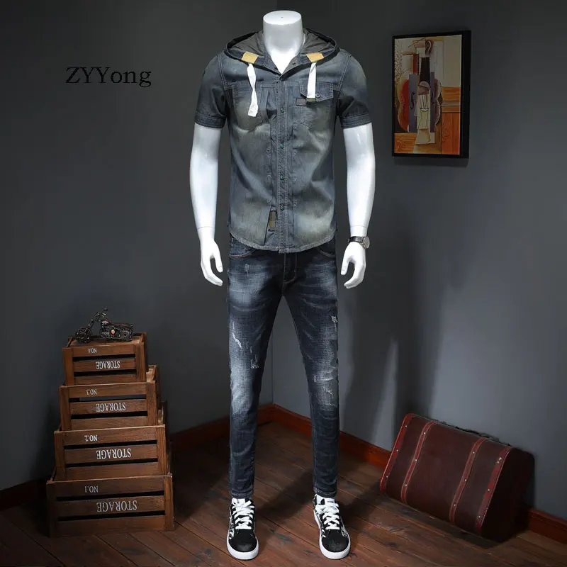 Summer European Style Cotton Hooded Bomber Short Sleeve Blue Thin Denim Shirt Men Jean Coat Streetwear Fashion Cowboy Clothing