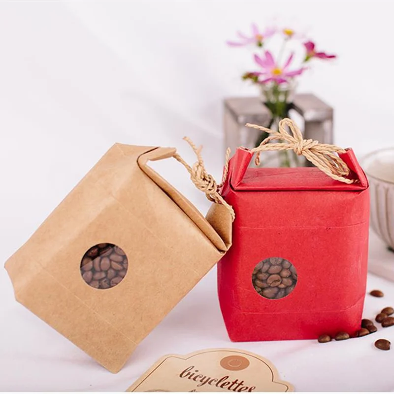 

10 Pieces Of Kraft Paper Red Handbag With Window Biscuits, Pastries, Tea, Rice Paper Box Packaging With Waterproof Membrane