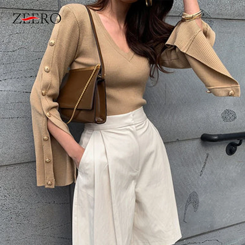 

Autumn 2023 Korean Fashion Knitted Pullovers Women V-neck Long Sleeve Chic Metal Button Sweaters Ladies Tops Slim White Jumpers