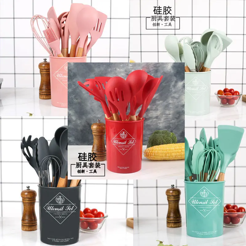 

11PCS Silicone Cooking Utensils Set Non-stick Spatula Shovel Wooden Handle Cooking Tools Set With Storage Box Kitchen Tools