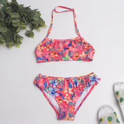 7-14 Years Falbala Print Girls Kids Swimsuit Swimwear 2024 Kid Summer Bikinis Set Children Halter Biquini Swimming Suit A318