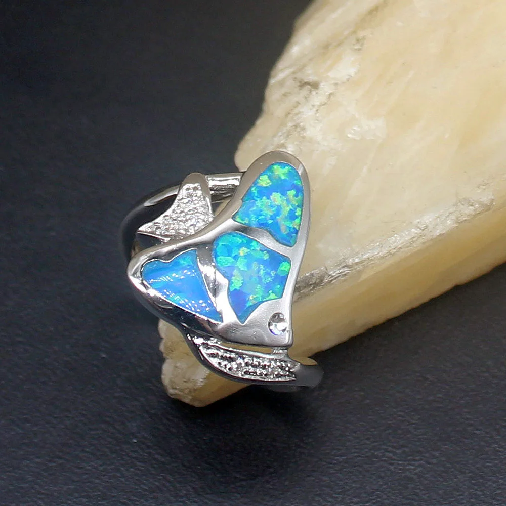 

Hermosa Elegant Natural Blue Opal Fish Genuine 925 Silver Band Ring Wedding Engagement Gifts for Women Size 7.5# 20214358