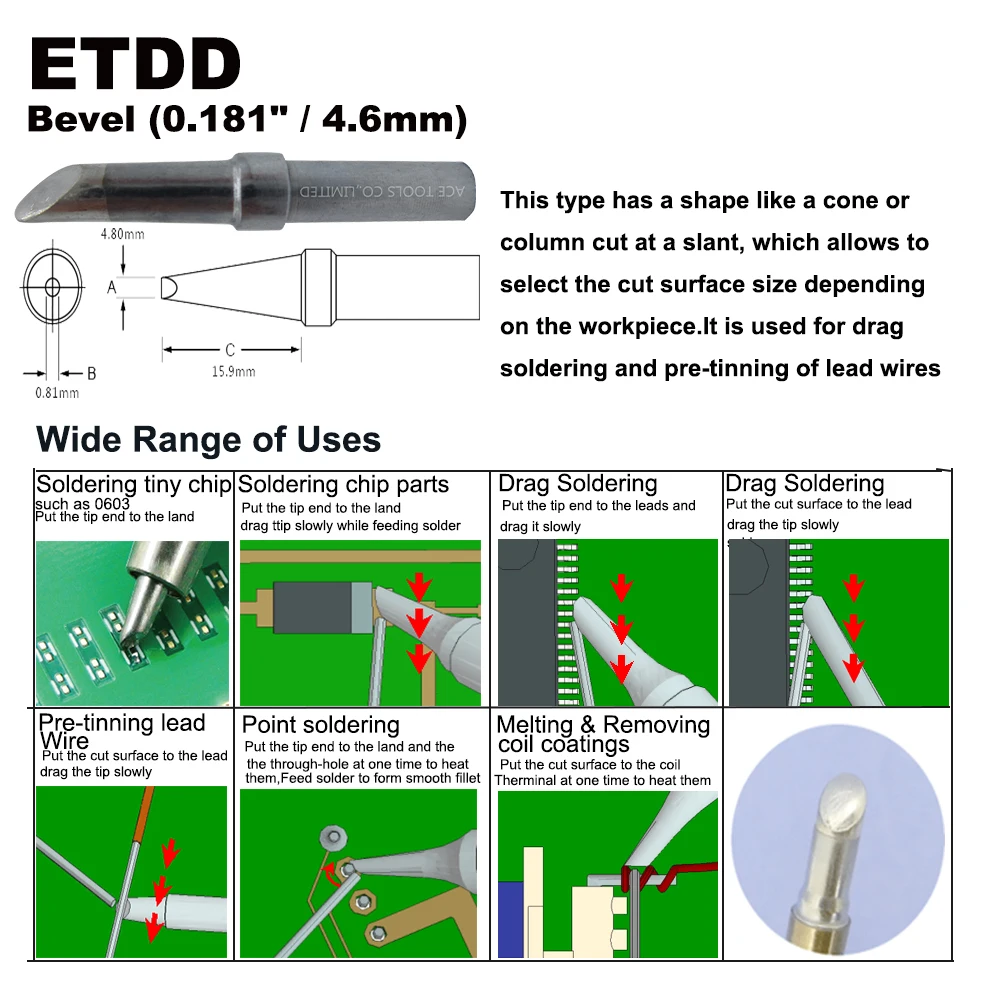 ETDD À Souder Biseau 4.8mm Fit WELLER WES51 WES50 WESD51 WE1010NA WE1010EU PES51 PES50 LR21 LR20 Fer Crayon Soudure Peu