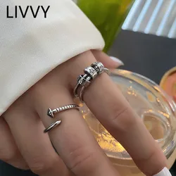 LIVVY Newly Arrived Thai silver Color Cylinder Star Double Layer Ring For Women Creative Screw Fashion Vintage Jewelry Gift