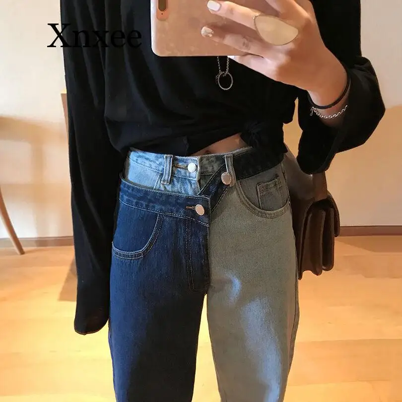 

Patchwork Fake 2 Piece Vintage Streetwear Fashion Contrast Color Straight Slim High Waist Denim Pant Jeans Trouser Summer Autumn