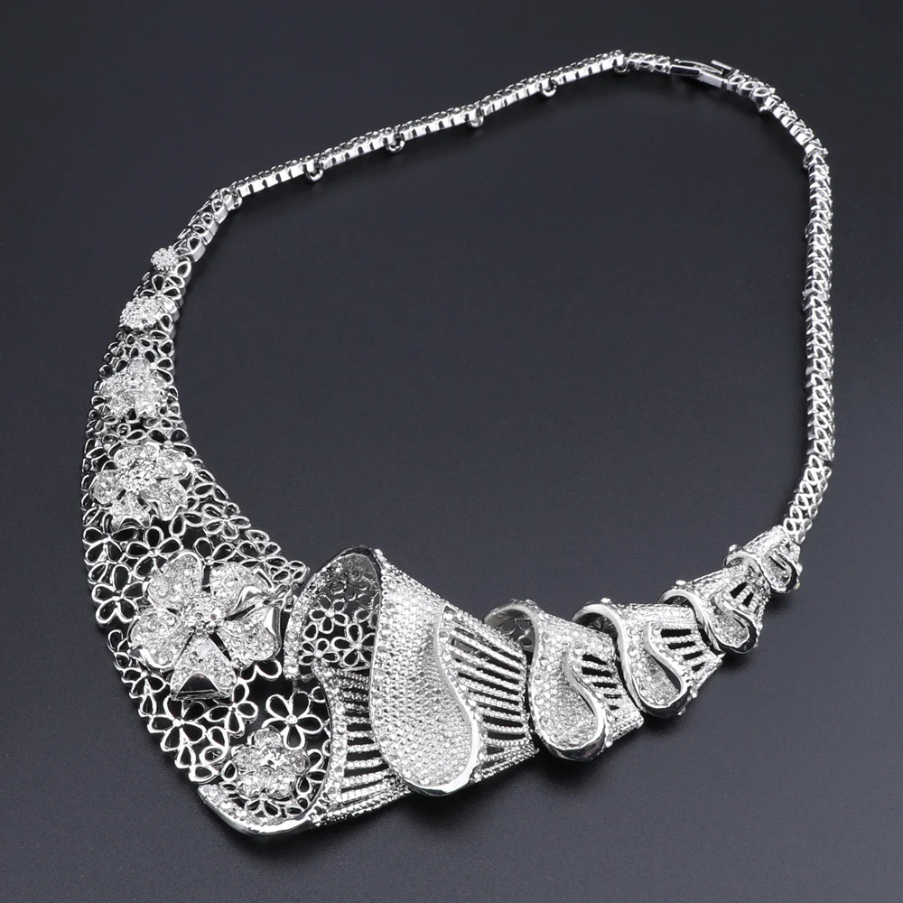 CYNTHIA African Nigerian Wedding Bridal Jewelry Sets Dubai Silver Plated Crystal Necklace Bracelet Earrings Ring Set for Women