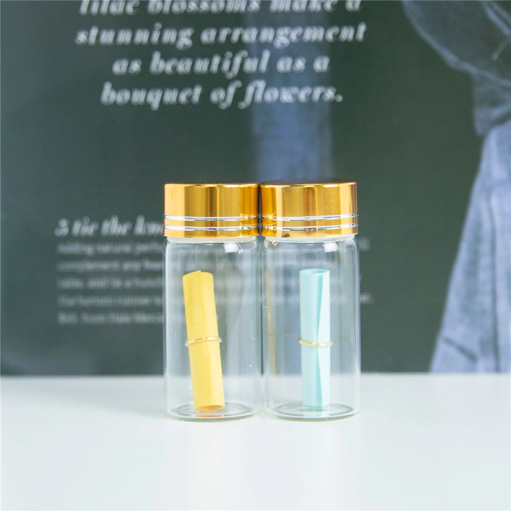 100Pcs 10ml Transparent Glass Bottles Spiral Plastic Cap with Golden Tangent Mini Craft Vials Candy Food Jars