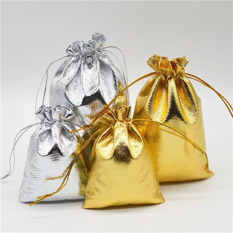 Bolsa de Organza con cordón para embalaje de joyas, bolsas de dulces para favores de fiesta de boda, bolsas de regalo, oro y plata, 10/50/100 piezas