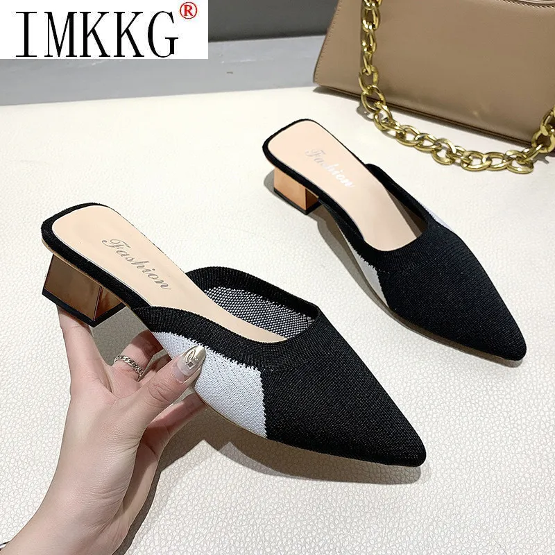 2021 Summer Women Yellow Black Knitted Slides Mules New Elegant Mesh Breathable med heel Slippers Closed Toe Slides Party Shoes