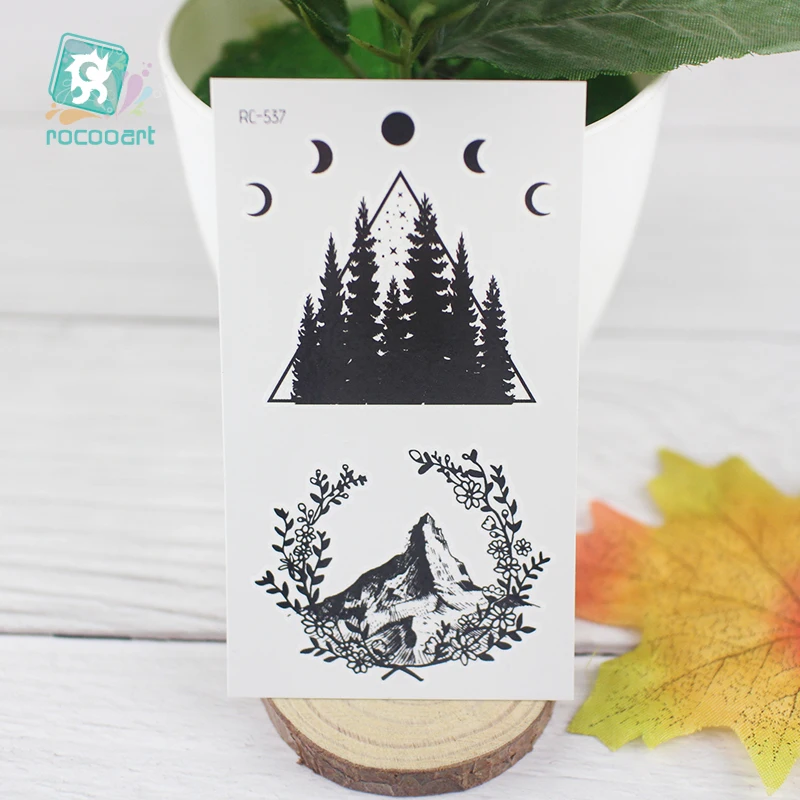 Free Shipping Planet Sun Mountain Pine Tree Temporary Tattoos Sticker Triangle Wave Tattoo Body Art Arm Black Small Fake Tattoo
