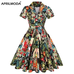 2023 Summer Cotton Vintage Midi Party Dress Short Sleeve 4XL Robe Femme Swing 1950s Retro Floral Print Green Rockabilly Dresses