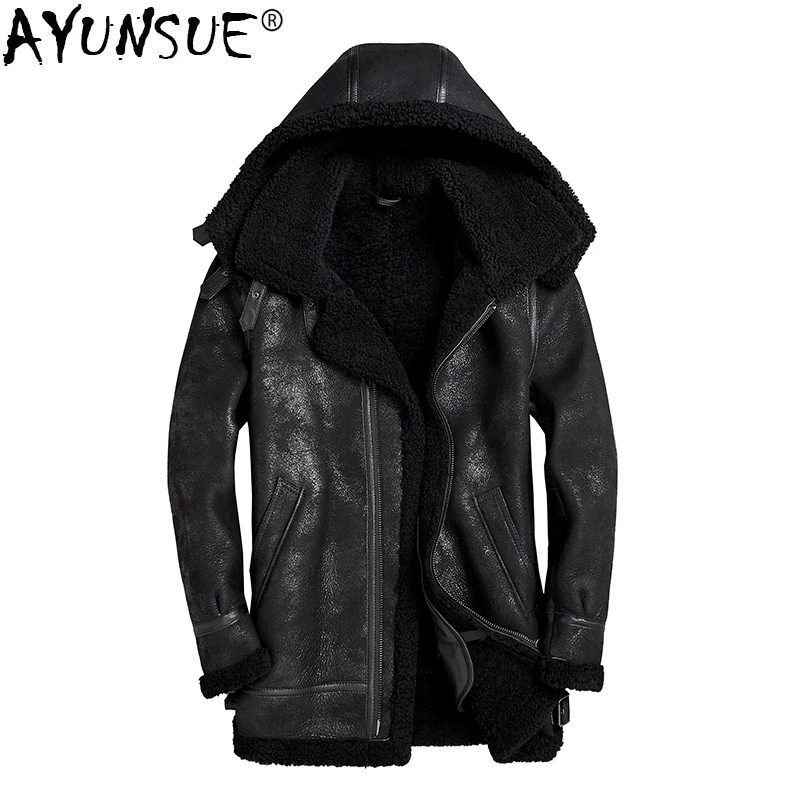 

AYUNSUE Real Genuine Leather Jacket Men Hooded Winter Sheepskin Coat Vintage Real Wool Fur Coats Men's Leather Jackets KJ3295