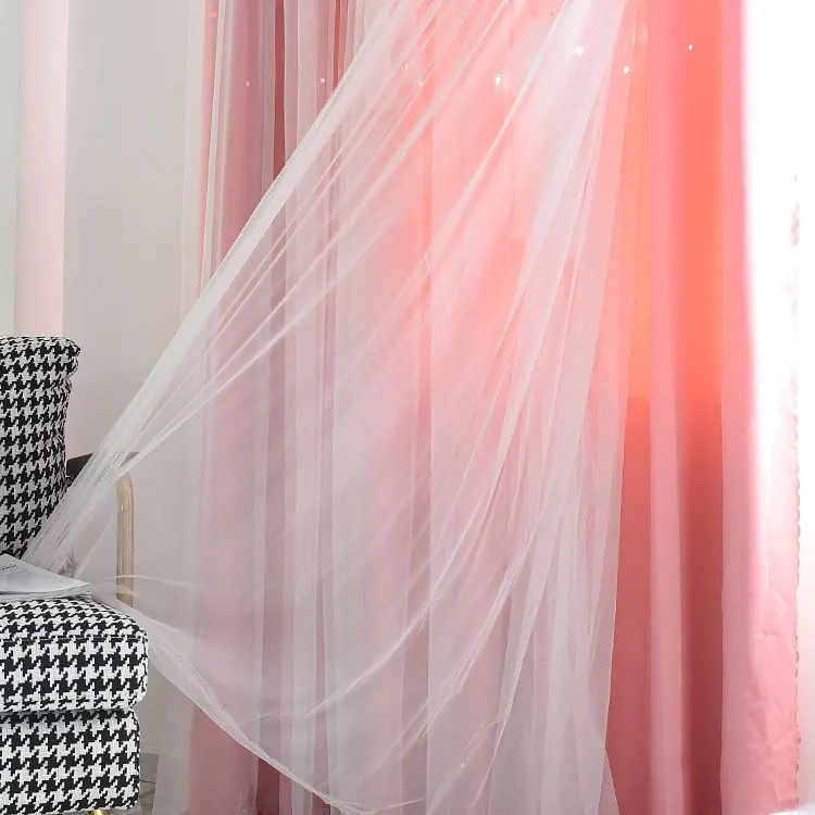 New Design Embroidered Double Layer Blackout Star Hollow Curtains with Lace Tulle Fabric for Home Living Room Window Decor