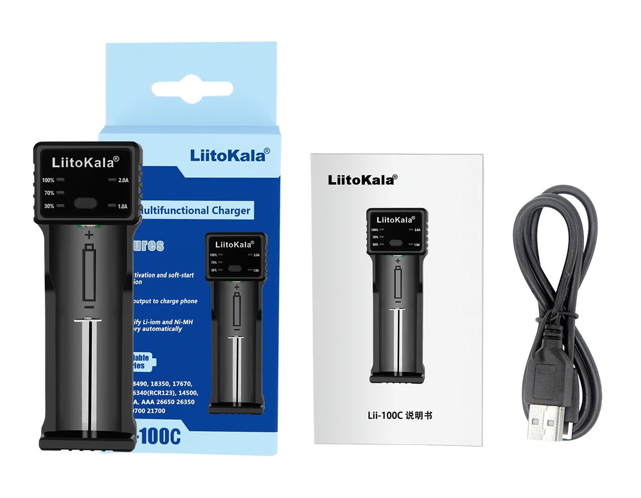 LiitoKala Lii-100C 21700 Battery Charger For 18650 18350 26650 16340 RCR123 14500 3.7V 1.2V Ni-MH Ni-Cd 2A USB smart charger image 2