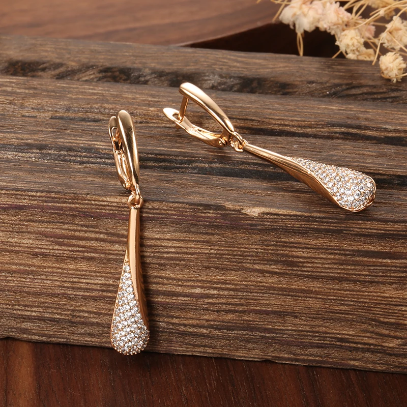 Kinel Full Sparkling Natural Zircon Long Dangle Earrings for Women 585 Rose Gold Color Party Fine Daily Fashion Jewelry 2023