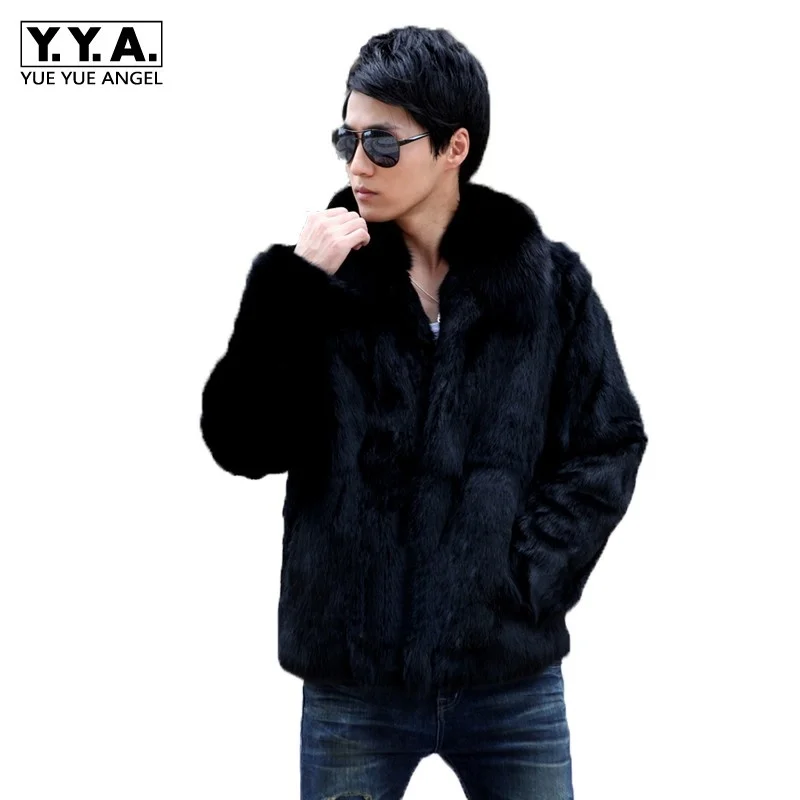 

Rabbit Men Fur Short Coat Fox Fur Collar Shearling 2022 Slim Business Jacket Top Brand Long Sleeve Zip Winter Black Outwear 4XL