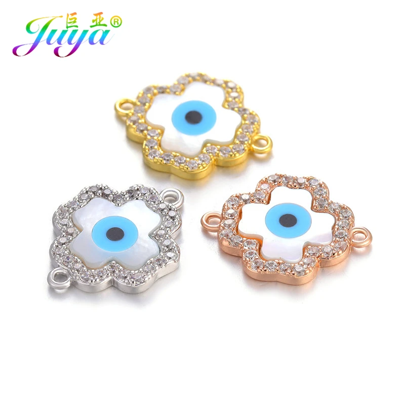 Juya DIY Turkish Eye Jewelry Findings Hamsa Cross Greek Evil Eye Shell Charm Connectors For Women Needlework Jewelry Making