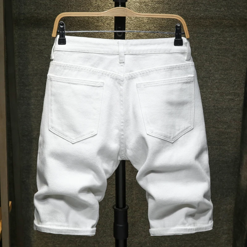 Novo branco jeans shorts masculino rasgado buraco desgastado na altura do joelho clássico simples moda casual magro denim shorts masculino de alta