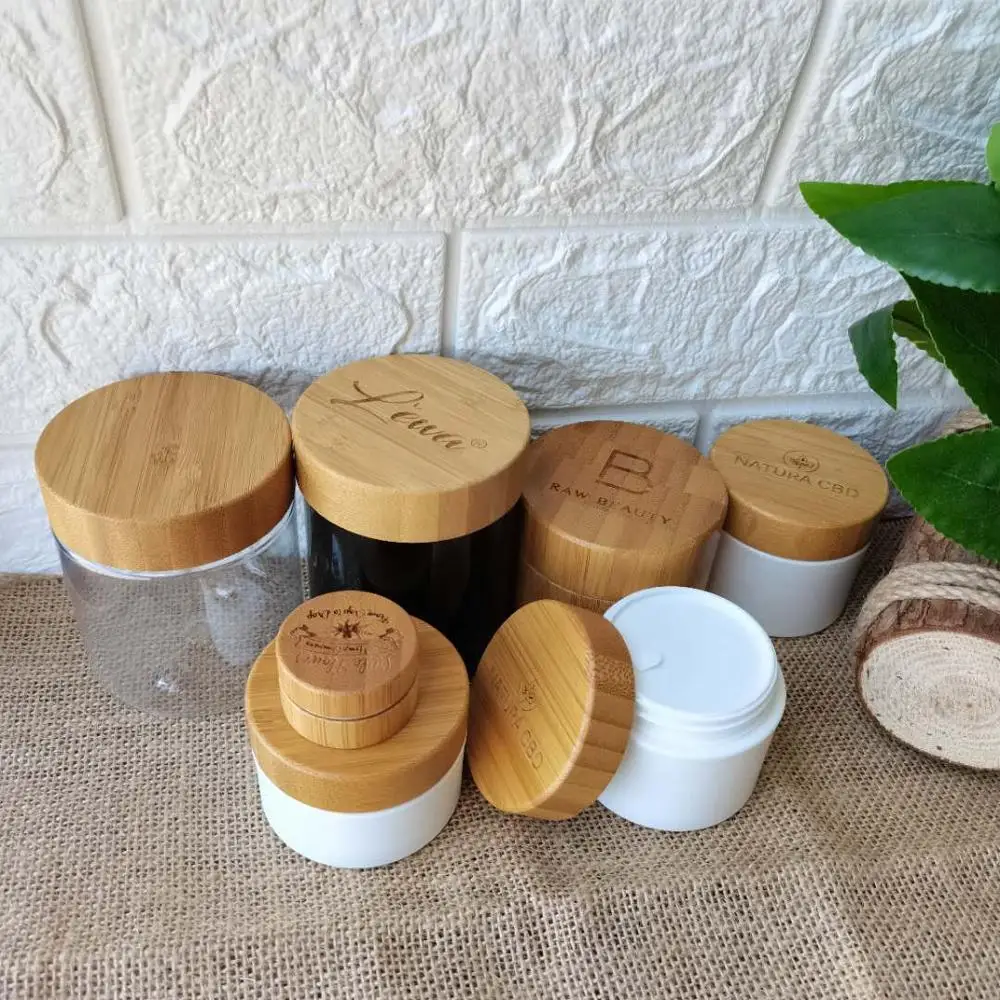 Plastic Jar with Lid 8 Oz Bamboo Covered Cream Plastic Jars Lot  Engraving Logo Bamboo Cream Cosmetic Jars