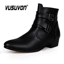 VUSUVON-Botas masculinas de couro PU Chelsea, sapatos de dedo apontado, aumento de altura, top alto, moda ocidental, casual, primavera, outono