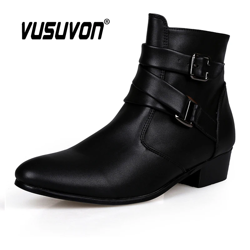 VUSUVON moda męska wiosna jesień szpiczasty nosek zwiększenie wysokości Chelsea botki zachodnie wysokie buty na co dzień PU skóra