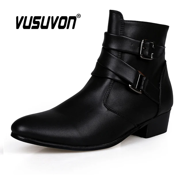VUSUVON moda męska wiosna jesień szpiczasty nosek zwiększenie wysokości Chelsea botki zachodnie wysokie buty na co dzień PU skóra
