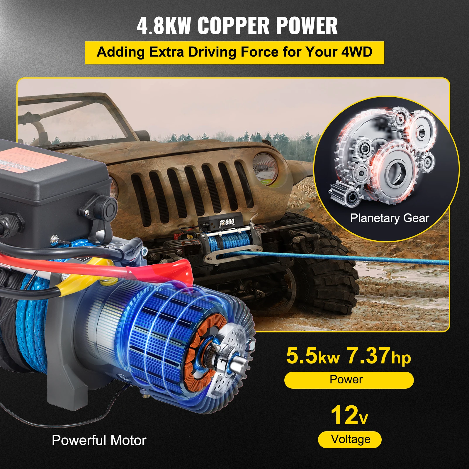 VEVOR 13000LBS 12V verricello elettrico per 4X4 80FT corde per rimorchio per auto sintetiche cinghia di traino con controllo Wireless ATV Truck Off Road