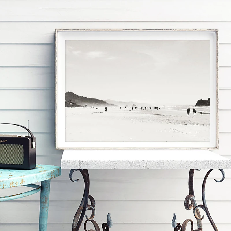 Impresiones minimalistas de paisaje de playa, póster de lienzo blanco y negro, decoración de costa, paisaje marino, arte de pared, imagen, decoración nórdica, pintura