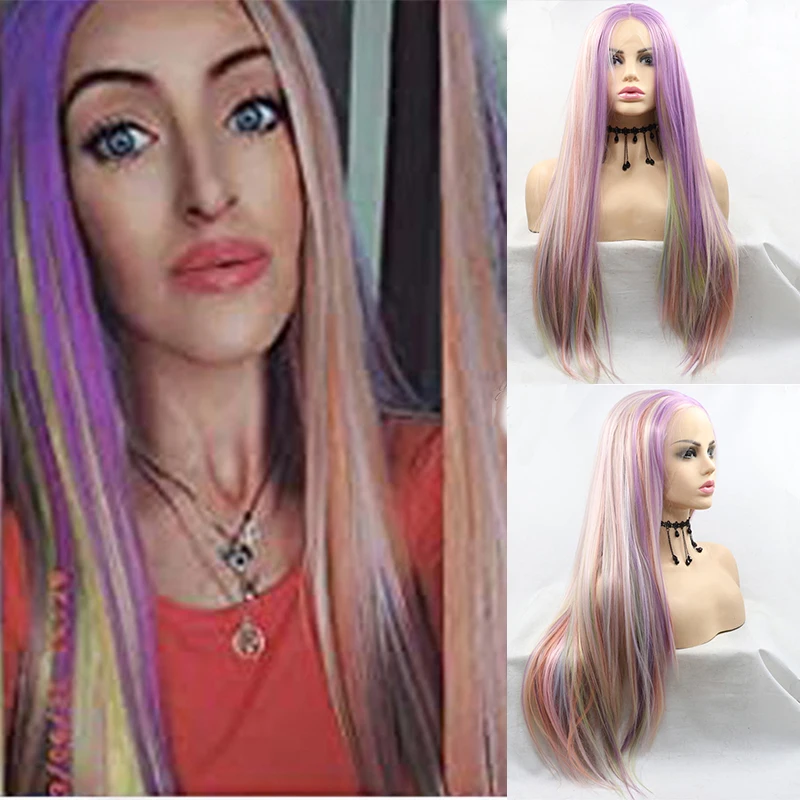 Long Straight Rainbow Multi Purple Pink Green Blue Mixed Color Synthetic Lace Front Wigs Frontal Glueless Wig For Black Women