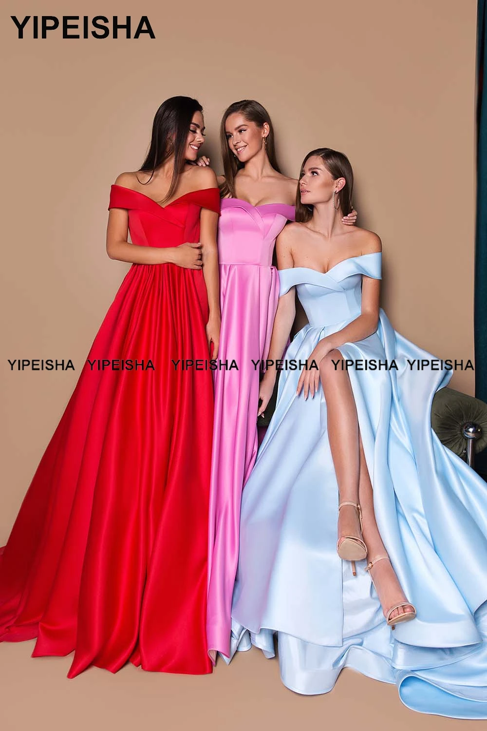 Yipeisha fora do ombro rosa vestidos de baile até o chão uma linha fenda vermelho cetim vestido de festa de casamento plus size formal vestido de noite