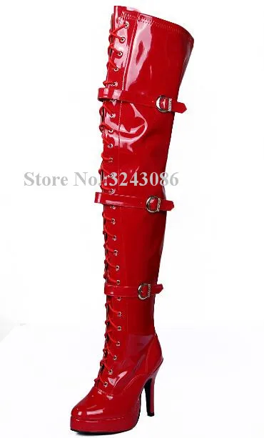 

Woman Red Color Patent Leather Platform Thigh High Boots Fashion Lace-up Buckles Thin Heel Over the Knee Ladies Long Boots