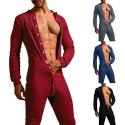 Homens pijamas macacão masculino homewear cor sólida manga longa confortável botão lazer sleepwear masculino macacão de noite 2022