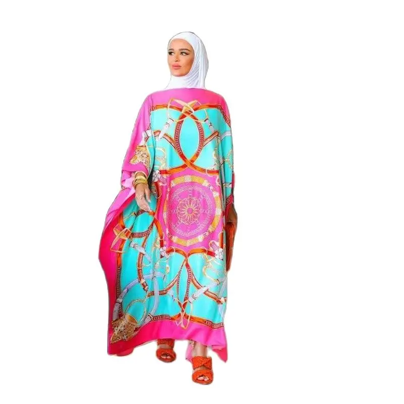 Africa Fashion Blogger Recommend Popular printed Silk Kaftan Maxi dresses Loose Summer Beach Bohemian kaftan long dress for lady