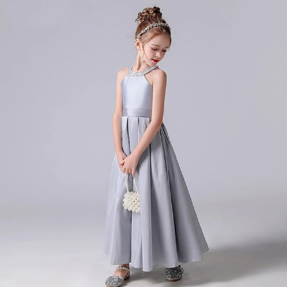 Dideyttawl Sliver Satin Halter Bloem Meisje Jurken Mouwloos Lange Formele Prinses Kids Birthday Party Pageant Jurken 2023