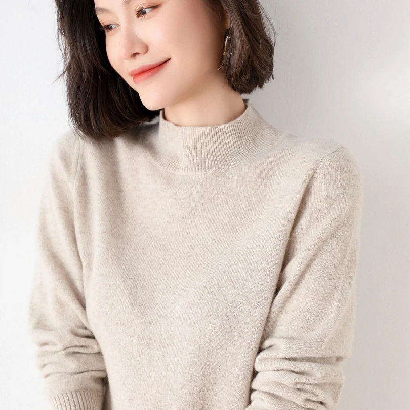 LHZSYY  Autumn and Winter Women\'s 100% Wool Half High Neck Pullover Solid Color Slim Cashmere Base Sweater