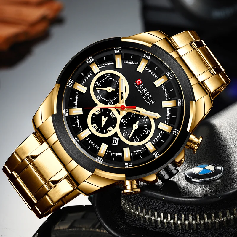 CURREN – montres pour hommes, grande marque, montre de Sport de luxe pour hommes, montres militaires en acier à Quartz, chronographe or Design