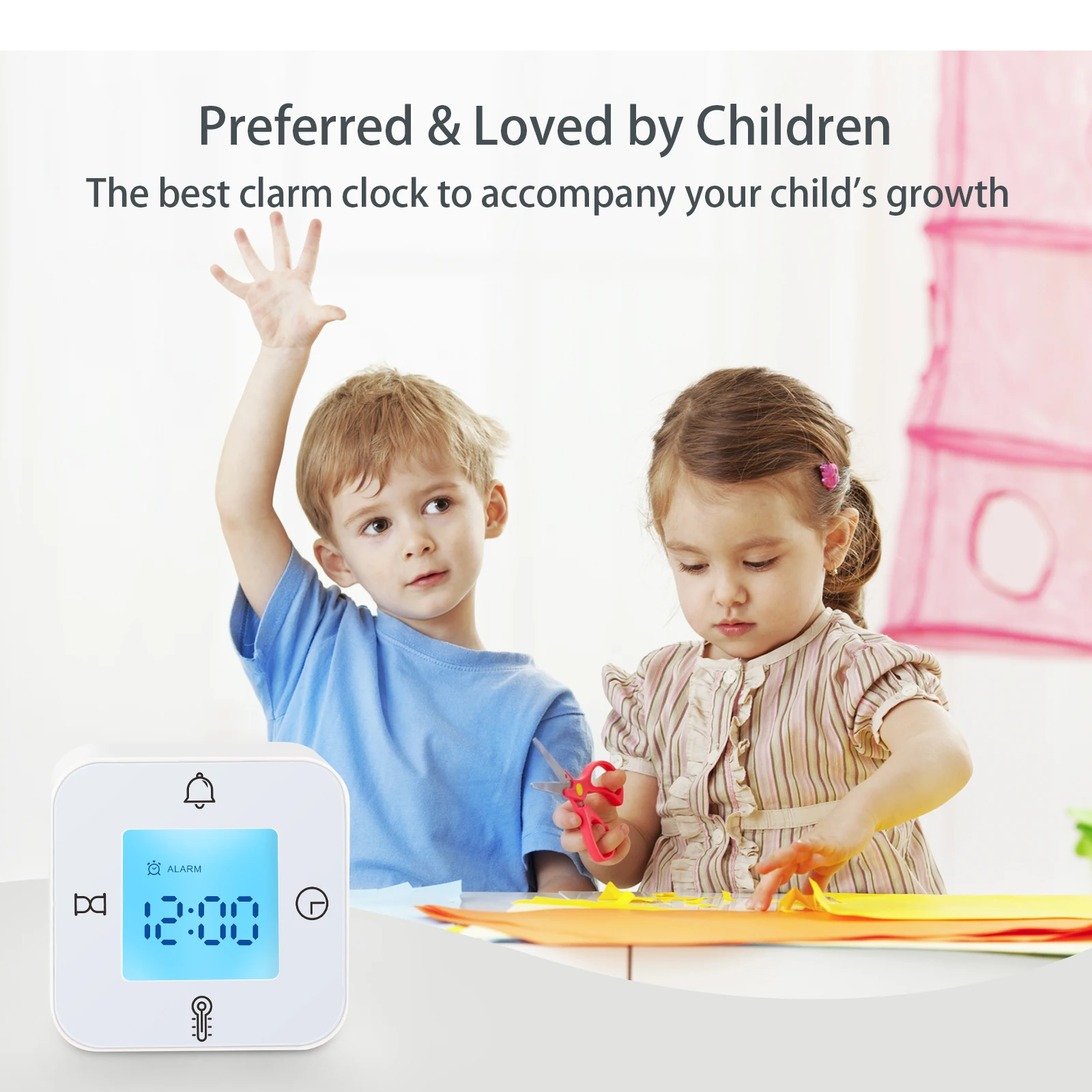 FABISENSE Alarm Clock with Snooze Calendar Thermometer Timer Backlight Rotatable Square Multifunctional Wake Up 12/24h White