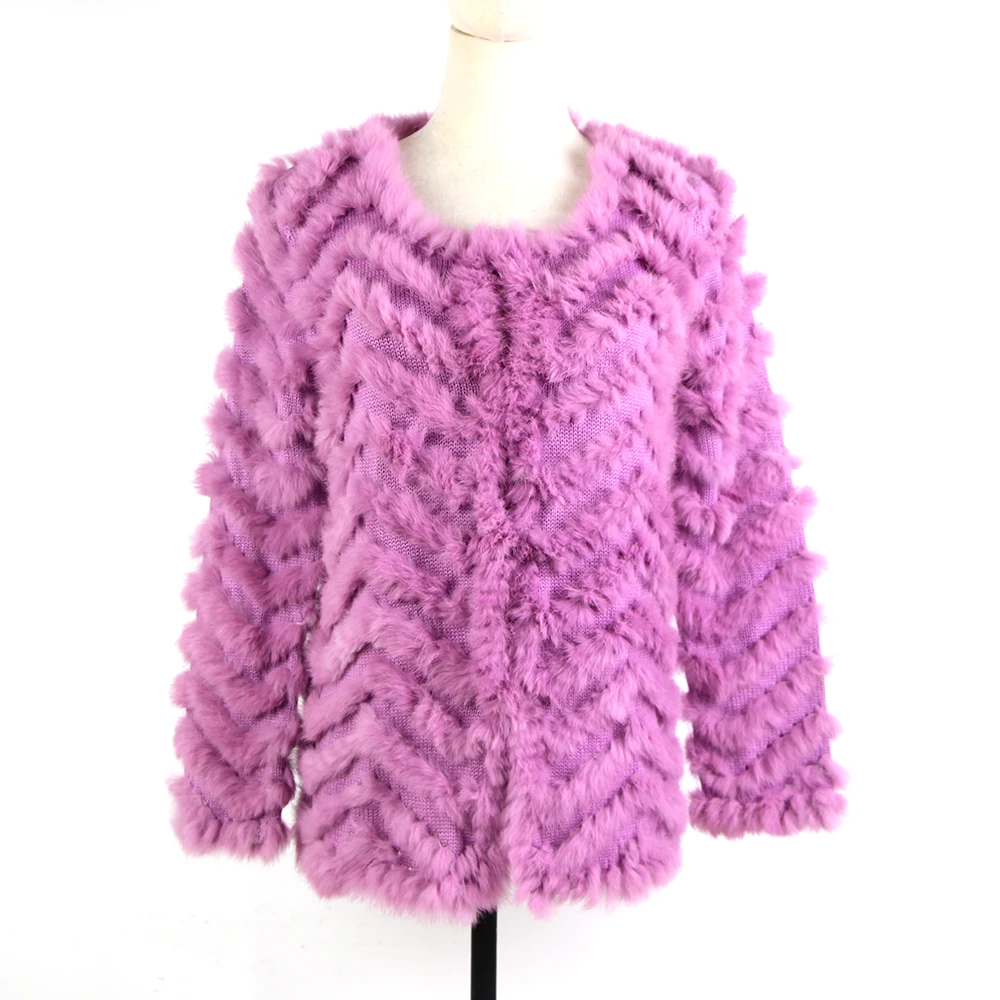 Real Fur Knitted Rabbit Fur coat jacket Fashion stripe sweater Lady Natural Fur Wedding Party Wholesale