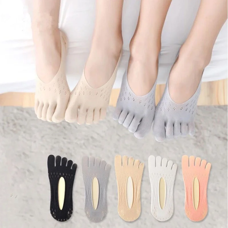 1 Pair Fashion Women Cotton Blend Lace Antiskid Invisible Low Cut Socks Five Toe Ankle Sock Summer Thin Invisibility Non Slip