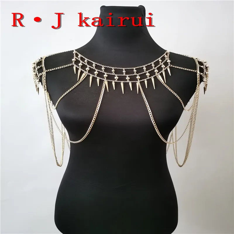 New RJBY28 Gold Chains Neck Shoulder Beads Plastic Rivets Body Jewelry Unique Top Costume Jewelry 2 Colors