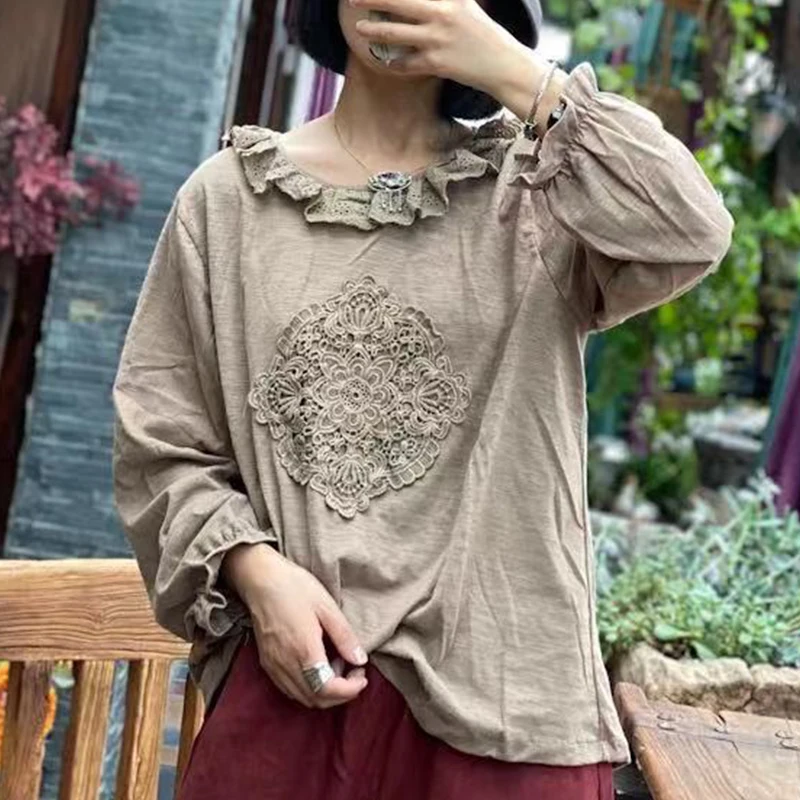 

Women Ruffles Cotton T-shirt O-Neck Full Sleeve Embroidery Pullover 2021 Autumn New Loose Casual Soft T-shirt V2232