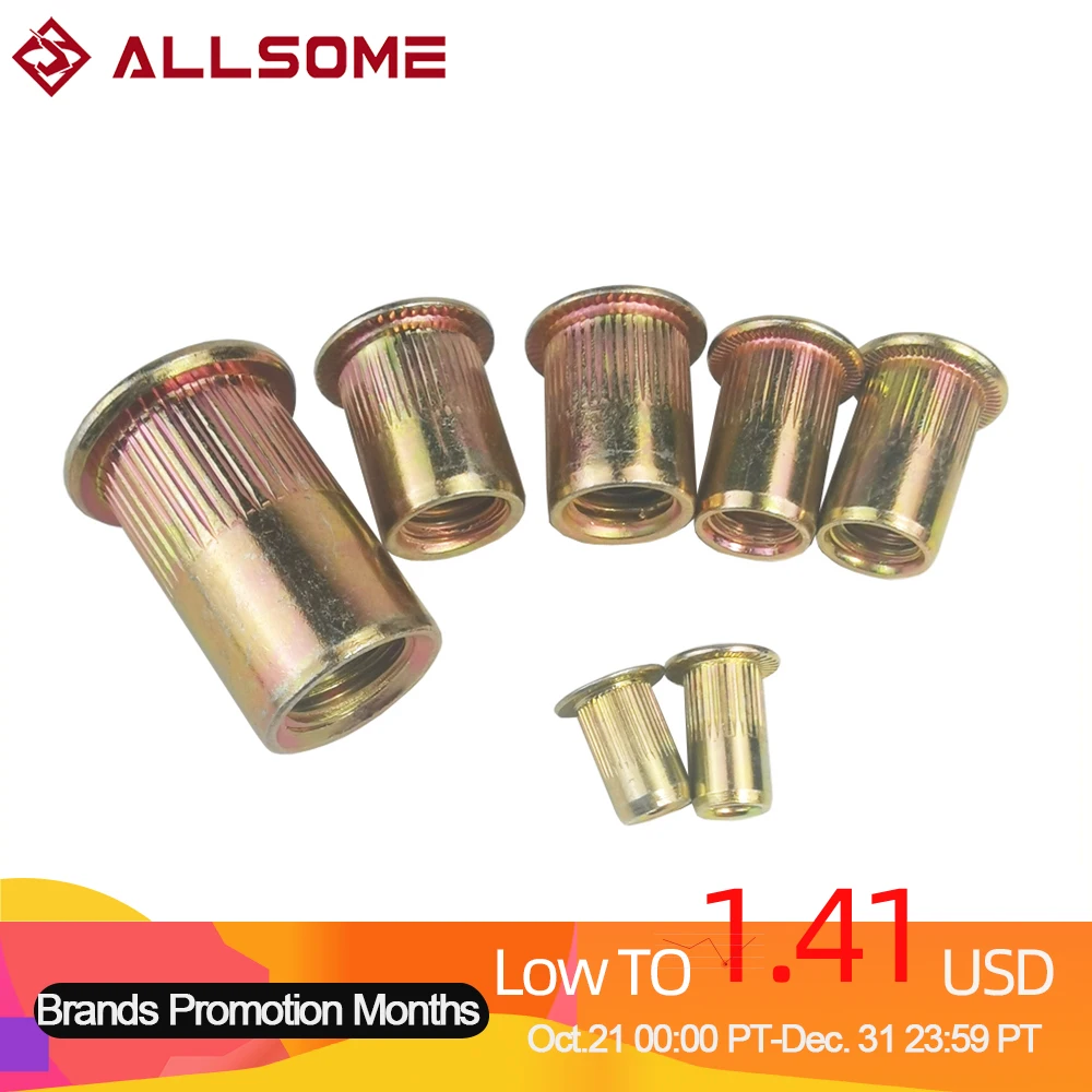 ALLSOME M3 M4 M6 M8 M10 Flat Head Carbon Steel Rivet Nuts Rivet Nuts Set Nuts Insert Riveting