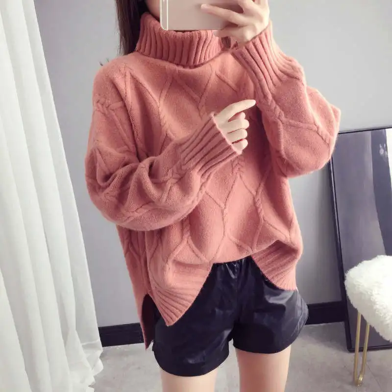 Turtleneck Sweater Women Loose Autumn Winter Plus Velvet Thicken Pullover Women Twist Knitted Warm Sweaters Ladies Tops C7506