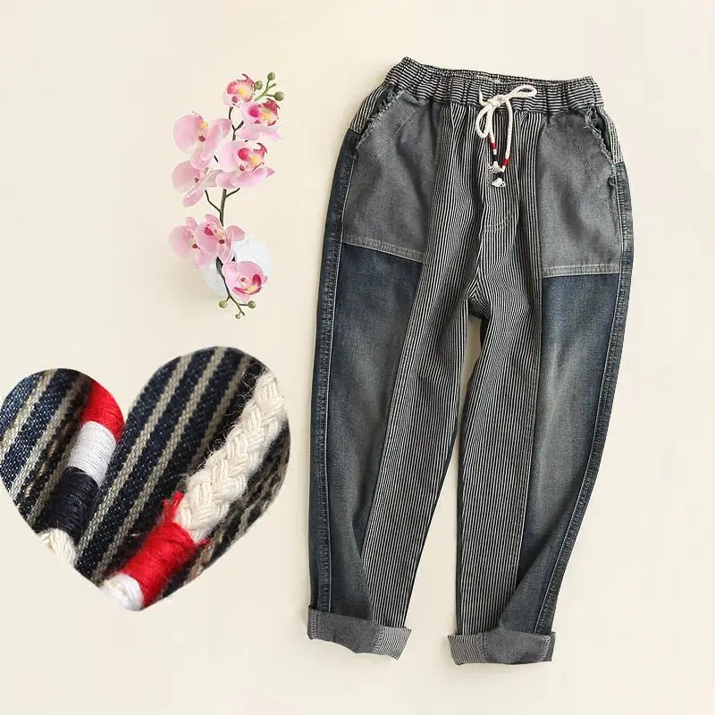 women jeans Striped Stitching Summer Jeans Artistic Loose Capri Harlan Pants Vintage Striated Jeans Woman Ankle-Length Pants