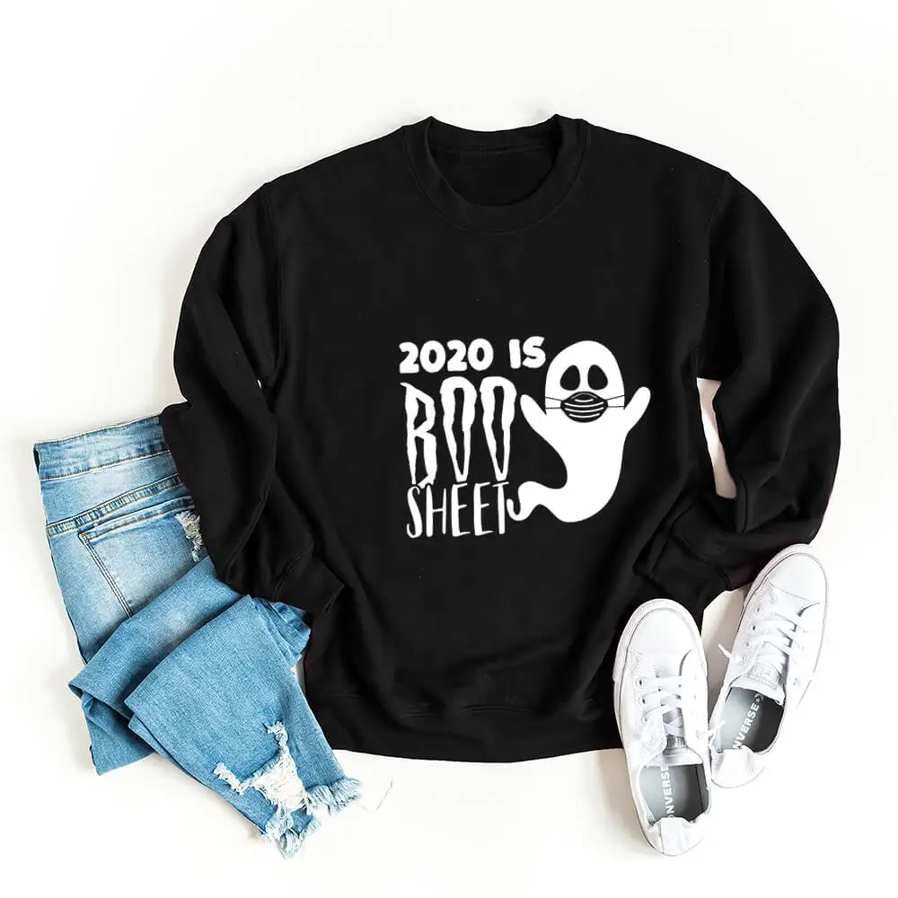 

2020 Boo Sheet 100%Cotton Quarantine Halloween Sweatshrits Autumn Casual Funny Women Colored Printed Long Sleeve Tops